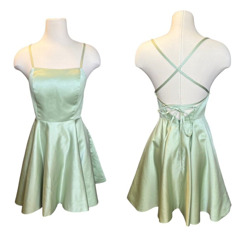 VNaix Y2K Satin Mini Dress Mint Green Open Back Lace Up Fit & Flare Size 4 HOCO